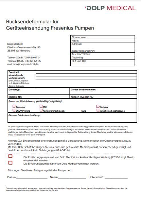 Rücksendeformular Amika Pumpe
